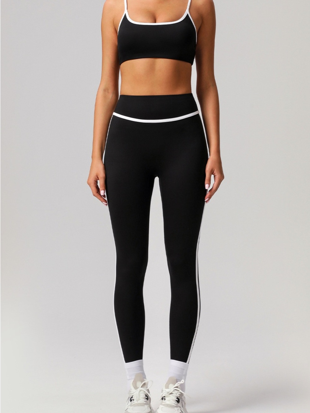 Women’s High-Waist Black Leggings with White Trim